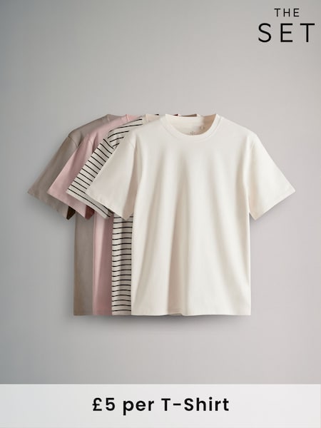 The Set Rose Pink/Neutral Stripe/Cream/Taupe Brown 4 Pack 100% Cotton Short Sleeved Relaxed T-Shirts (AV0221) | £20