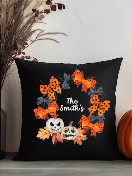 Personalised Halloween Pumpkin Bow 100% Cotton Cushion by Koko Blossom (AV0226) | £28
