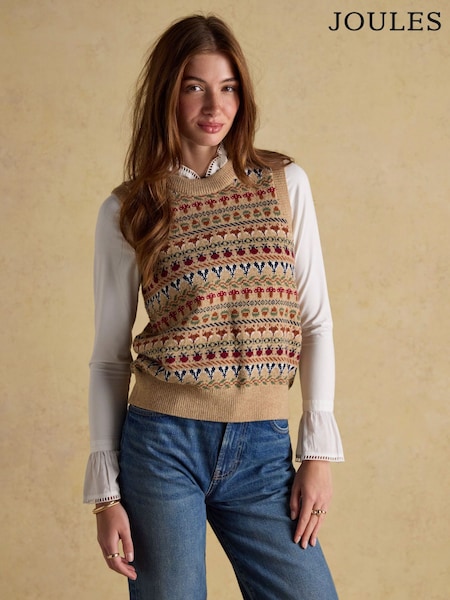 Joules Woodland Oatmeal Cotton-Rich Intarsia Crew Neck Knitted Vest (AV0821) | £59