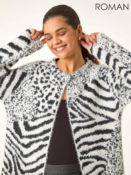 Roman Black/white Abstract Animal Print Fluffy Cardigan (AV0852) | £48