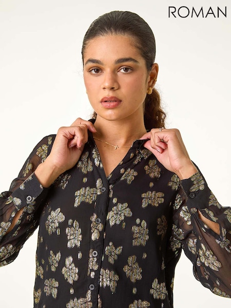Roman Black Shimmer Foil Floral Shirt (AV0864) | £40