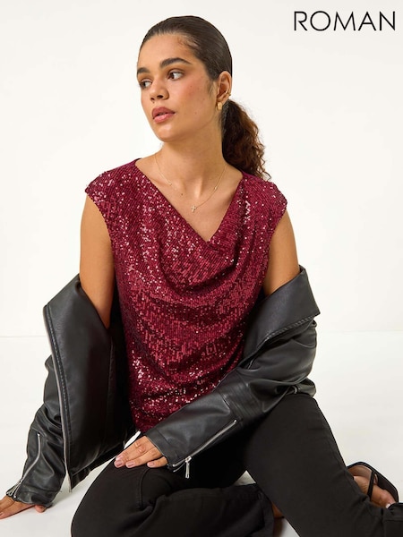 Roman Red Sequin Cowl Neck Stretch Jersey Top (AV0883) | £40