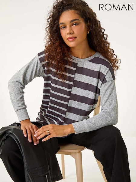 Roman Grey Contrast Stripe Ribbed Snit Top (AV0884) | £32
