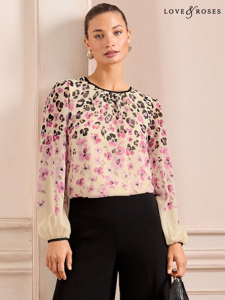 Love & Roses Neutral Animal Print Tipped Detail Crew Neck Long Sleeve Blouse (AV1080) | £40