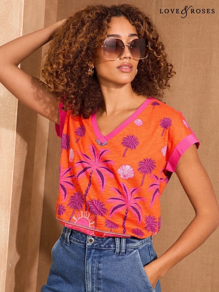 Love & Roses Pink Ombre Tropical Print Tropical Palm Print V-Neck Jersey T-Shirt (AV1087) | £26