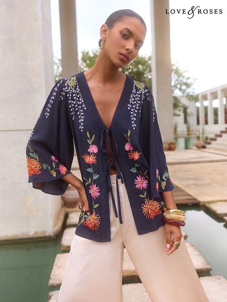 Love & Roses Floral VA Floral Embroidered Detail Kimono (AV1116) | £0