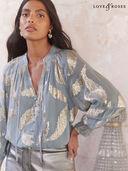 Love & Roses Grey Feather Metallic Shirred Cuff Blouse (AV1120) | £40
