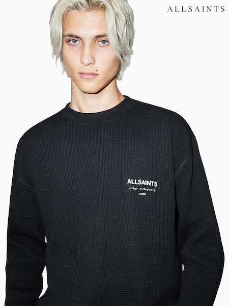AllSaints Black Crypt Long Sleeve Crew Neck 100% Cotton T-Shirt (AV1262) | £65