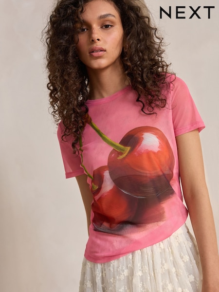 Pink Cherries Short Sleeve Ruched Mesh Top (AV1742) | £20
