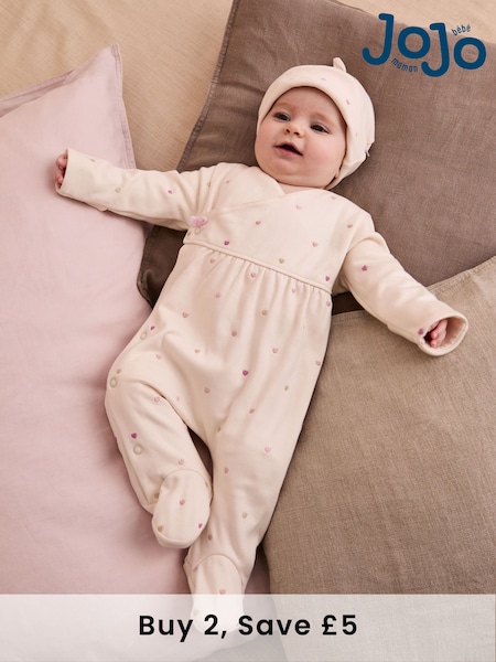 JoJo Maman Bébé Cream Cotton 2-Piece Embroidered Sleepsuit and Hat Set (AV1776) | £26