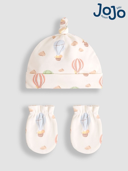JoJo Maman Bébé Cream Cotton 2-Piece Baby Hat and Mittens Set (AV1779) | £9.50