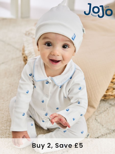 JoJo Maman Bébé White Cotton 2-Piece Embroidered Sleepsuit and Hat Set (AV1787) | £26
