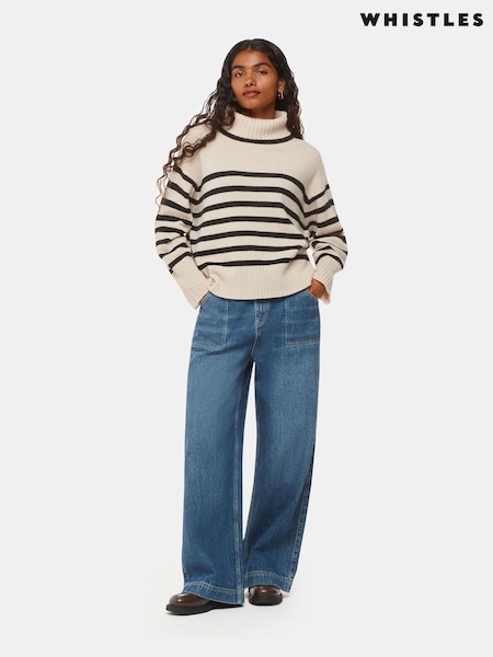 Whistles White Petite Stripe Wool Roll Neck Jumper (AV1814) | £119