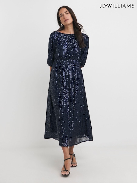 JD Williams Blue Sequin Puff Sleeve Midi Dress (AV2260) | £55