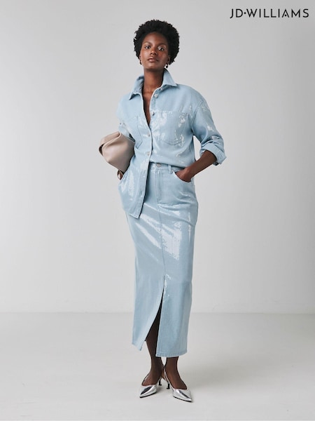 JD Williams Blue Clear Sequin Denim Midi Skirt (AV2280) | £40