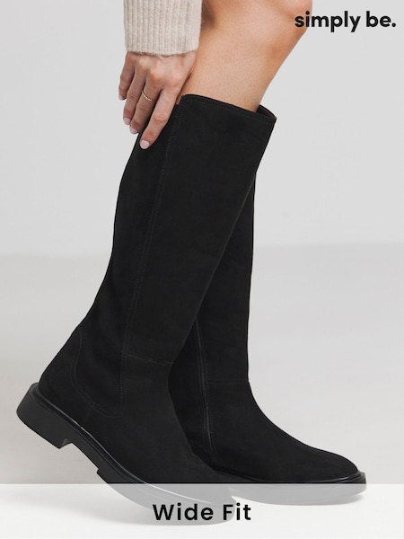 Simply Be Black Super Curvy Calf Black Stretch Back Panel Flat Knee High Boots In Wide Fit' (AV2284) | £25