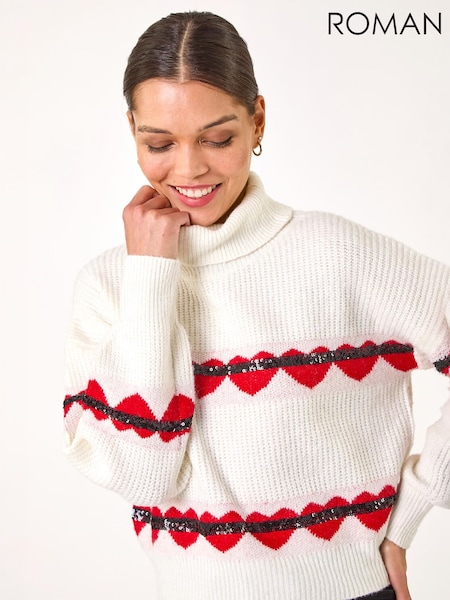 White - Roman Stripe Heart Cowl Neck Knit Jumper