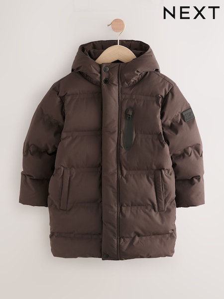 Brown Waterproof Long Line Fleece Lined Puffer Coat (3-17yrs) (AV2380) | £45 - £65