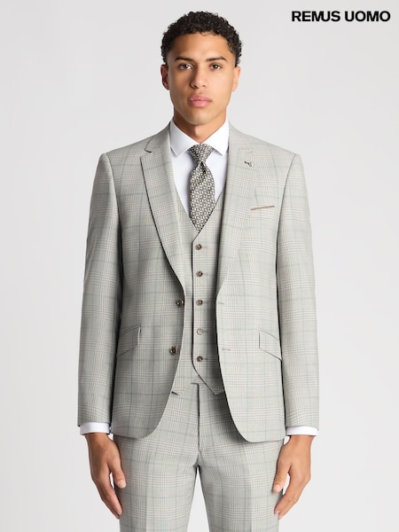 Remus Uomo Grey Tapered Fit Checked Wool Rich Mix And Match Suit Jacket (AV2442) | £219