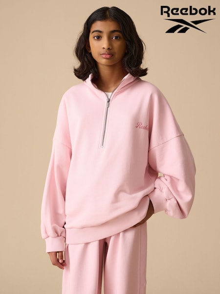 Reebok Girls Oversized Washed Pink Funnel Neck Half Zip 100% Cotton Sweatshirt (AV2564) | £22 - £28
