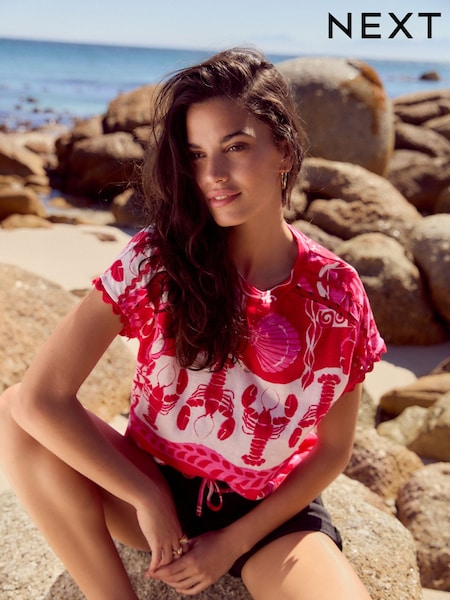 Red/Pink Print Short Sleeve Bubblehem 100% Cotton T-Shirt (AV2656) | £15