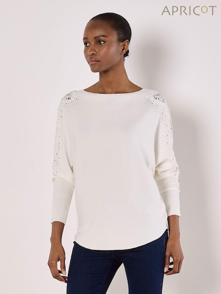 Apricot Cream Lace & Stud Arm Batwing Cream Jumper (AV2772) | £35