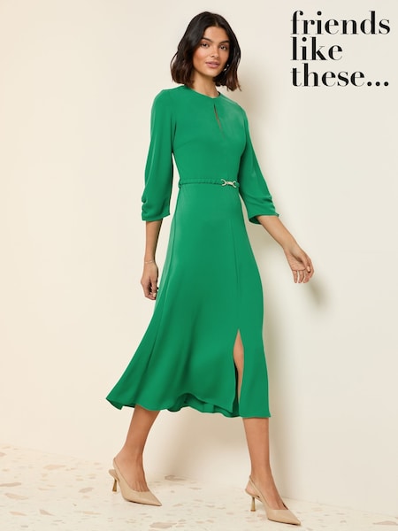 Friends Like These Green Long Sleeve Gold Belted Tailored Midi Dress (AV3102) | £49