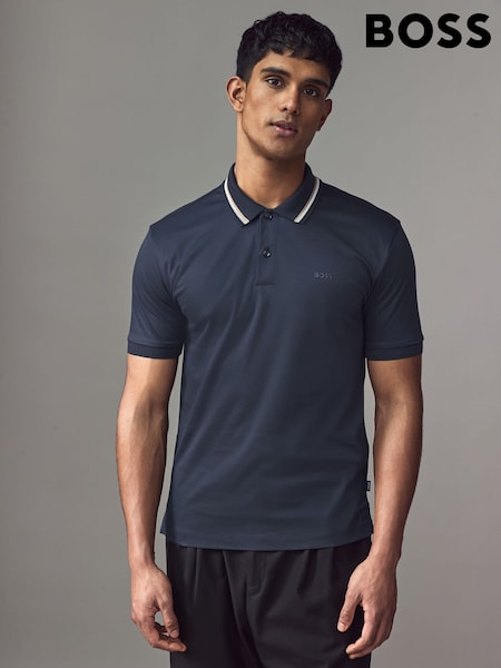 BOSS Blue Penrose Slim Fit Striped Collar Polo Shirt (AV3543) | £99