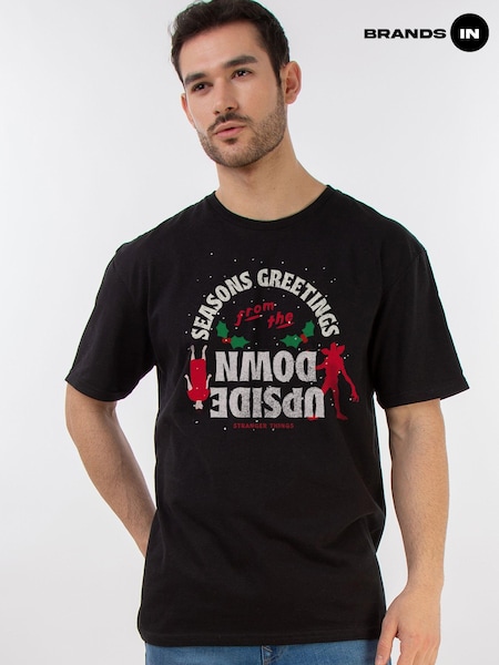Brands In Black Men Netflix Stranger Things Upside Down 100% Cotton Christmas T-Shirt (AV3687) | £25