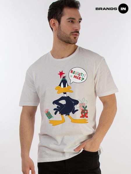 Brands In White Boys Looney Tunes Daffy Duck Naughty Or Nice 100% Cotton Christmas T-Shirt (AV3703) | £25