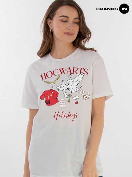 Brands In White Women Boyfriend Fit Harry Potter Hogwarts Christmas 100% Cotton T-Shirt (AV3704) | £25
