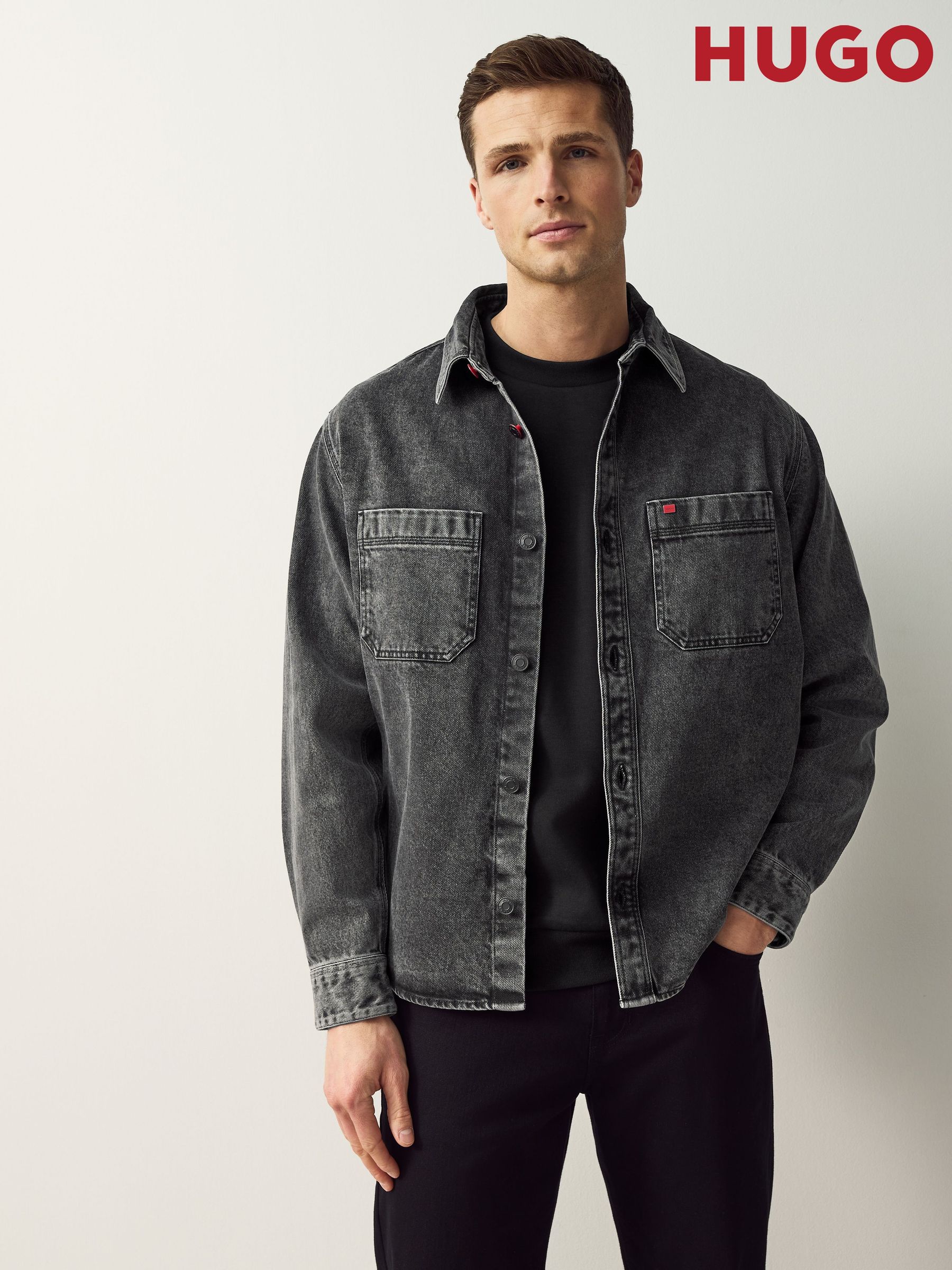 Mens grey denim shirt discount