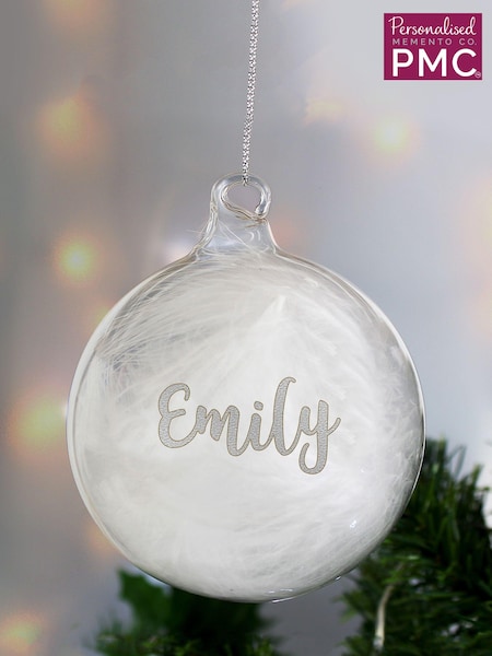 Personalised Silver Glitter Name Only Feather Christmas Glass Bauble by PMC (AV3934) | £14