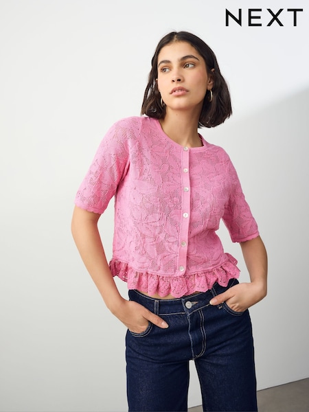 Pink Blush Lace Button Frill Half Sleeve Top (AV3990) | £39