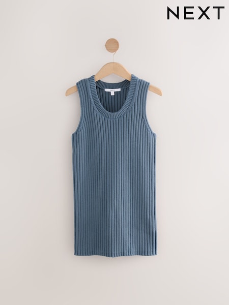 Blue Chambray 100% Cotton Crew Neck Ribbed Knitted Tank (AV3994) | £0
