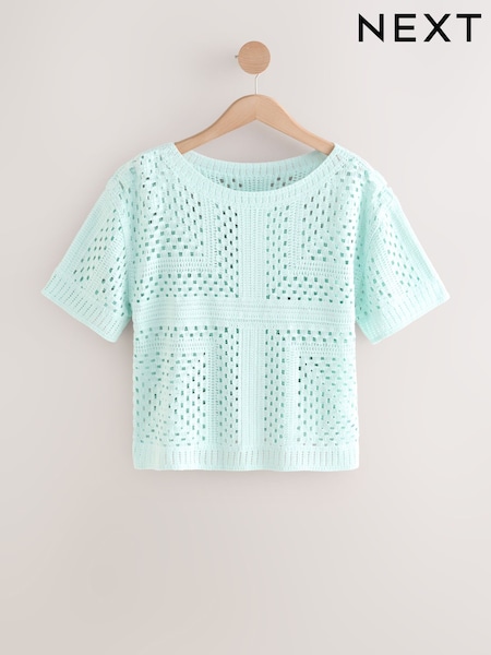 Blue Pale Short Sleeve Crochet Crew Neck T-Shirt (AV3995) | £25
