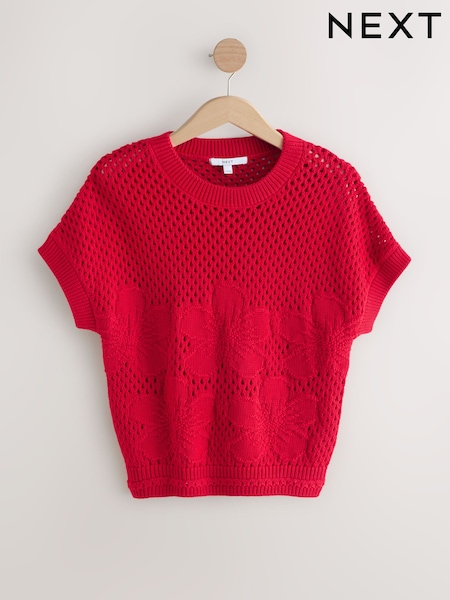 Red 100% Cotton Floral Crochet Short Sleeve Top (AV4000) | £30