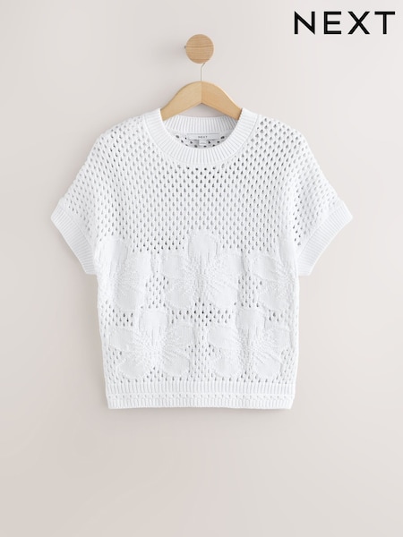 White 100% Cotton Floral Crochet Short Sleeve Top (AV4053) | £30