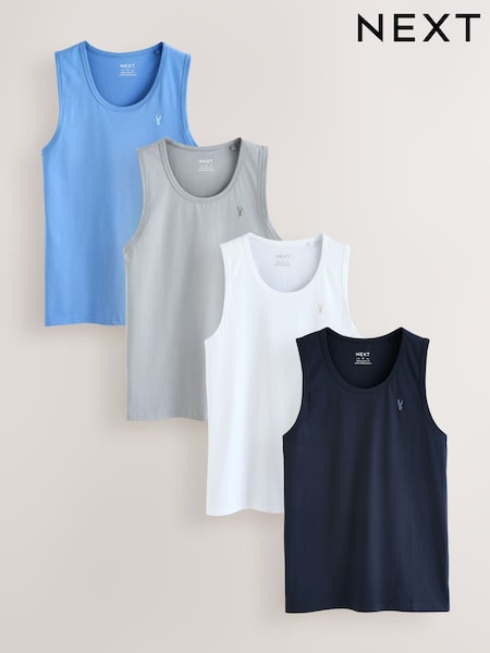 White/Grey/Navy/Blue Regular Fit 100% Cotton Vests 4 Pack (AV4260) | £32