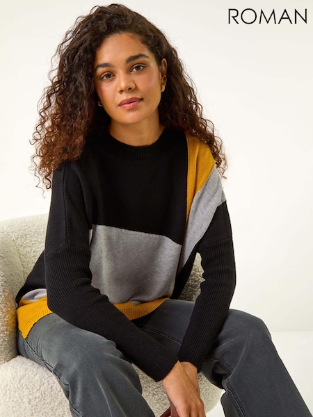 Roman Yellow Relaxed Colour Block Knit Jumper (AV4262) | £40