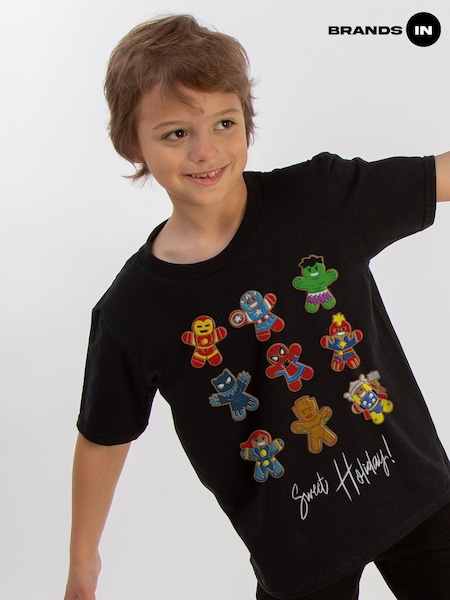 Brands In Black Boys Marvel Gingerbread Christmas Avengers 100% Cotton T-Shirt (AV4393) | £20