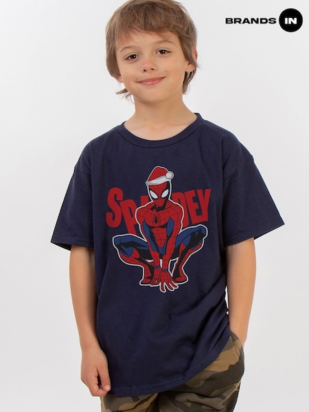 Brands In Blue Boys Marvel Spider-Man Christmas Hat 100% Cotton T-Shirt (AV4411) | £20