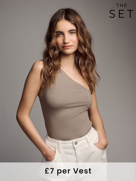 The Set Black/White/Taupe Brown 3 Pack One Shoulder Vest (AV4442) | £21