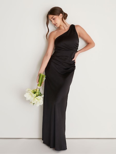 Six Stories Black One Shoulder Satin Ruched Bridesmaid Dress (AV4452) | £129