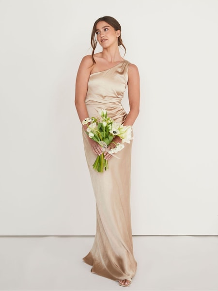 Six Stories Champagne Gold One Shoulder Satin Ruched Flower Girl Dress (AV4453) | £129