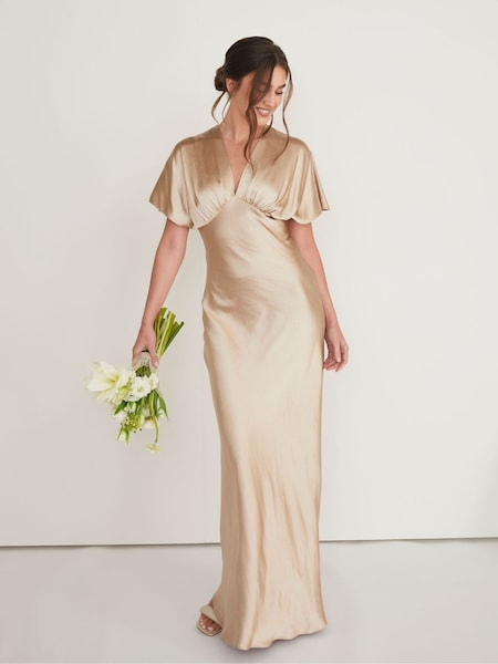 Six Stories Champagne Gold Plunge Batwing Satin Flower Girl Dress (AV4454) | £129