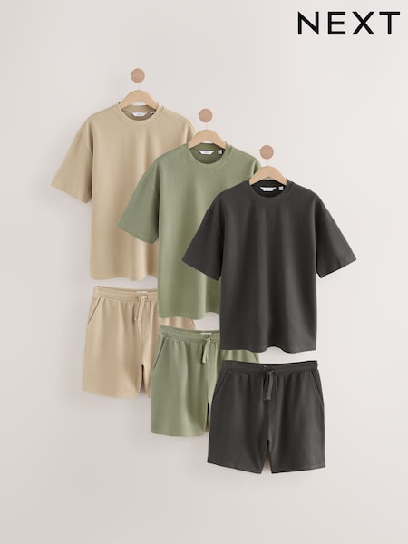 Green/Grey/Neutral 100% Cotton Co-ord T-Shirts And Shorts Set 3 Pack (AV4484) | £95