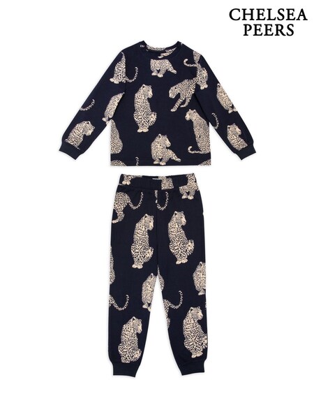 Chelsea Peers Blue Kids Leopard Print Long Pyjama Set (AV4493) | £28