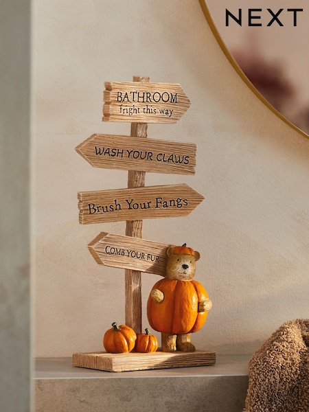 Natural Halloween Pumpkin Bertie Bear Slogan Sign Ornament (AV4526) | £18