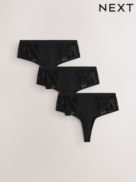 Black High Waisted Thong Modal & Lace Knickers 3 Pack (AV4548) | £20